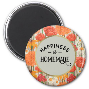 Red Orange Yellow Floral on Wood Happiness Magnet