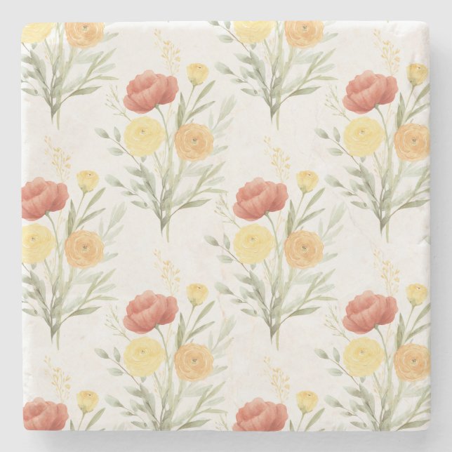 Red Orange Yellow Flowers Stone Coaster (Front)