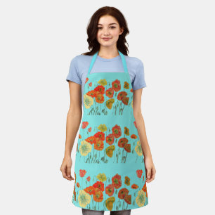 Red Orange Yellow Poppies Flower floral art Aqua A Apron