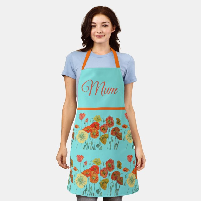 Red Orange Yellow Poppies Flower floral Mum Mother Apron (Worn)