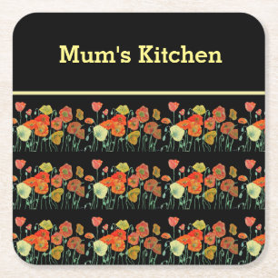 Red Orange Yellow Poppy Flowers Poppies Floral Art Square Paper Coaster