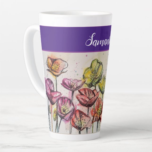 Red Orange Yellow Poppy Flowers Poppies Floral Latte Mug (Left Angle)