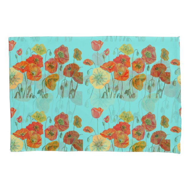 Red Orange Yellow Poppy Poppies Floral Flower Aqua Pillowcase (Front)