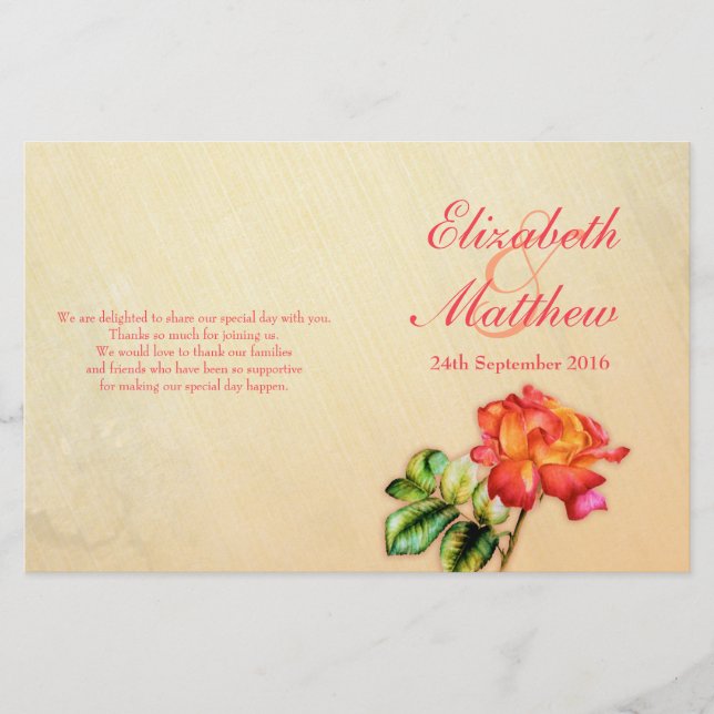 Red orange yellow tea rose wedding programme (Front)