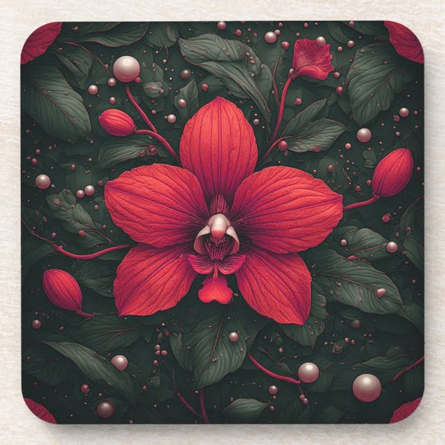 Red Orchid Bloom With Green Leaves Coaster (Front)