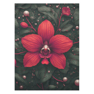 Red Orchid Bloom With Green Leaves Tablecloth
