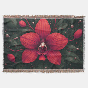 Red Orchid Bloom With Green Leaves Throw Blanket