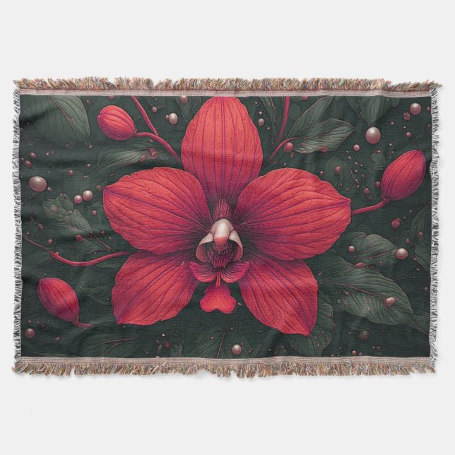 Red Orchid Bloom With Green Leaves Throw Blanket (Front)