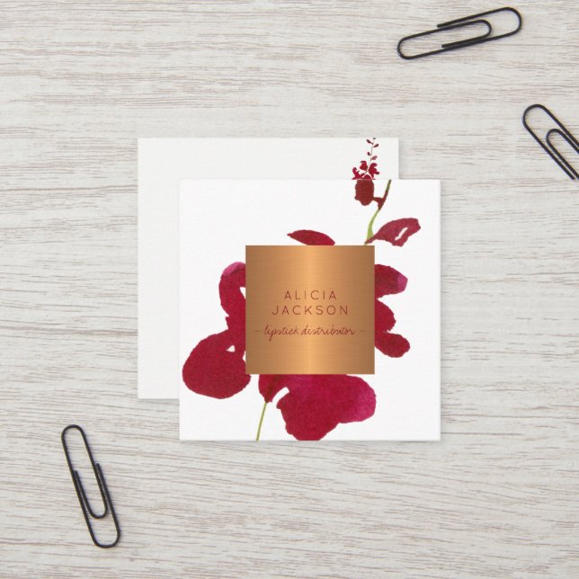 Red orchid copper rose gold lipstick distributor square business card (Front/Back In Situ)