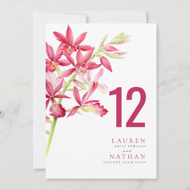 Red orchid flower wedding table number card  (Front)