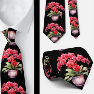 Red Orchid Flowers Neck Tie