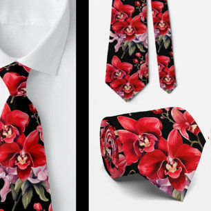 Red Orchid Flowers Neck Tie