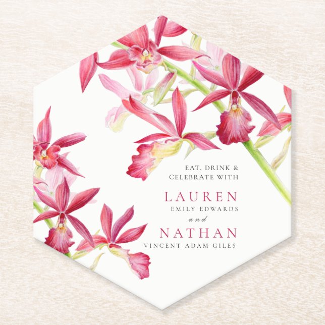 Red orchid flowers watercolor botanical wedding paper coaster (Front)