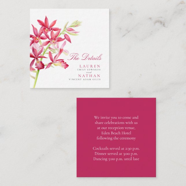 Red orchid wedding handy details enclosure card (Front/Back)
