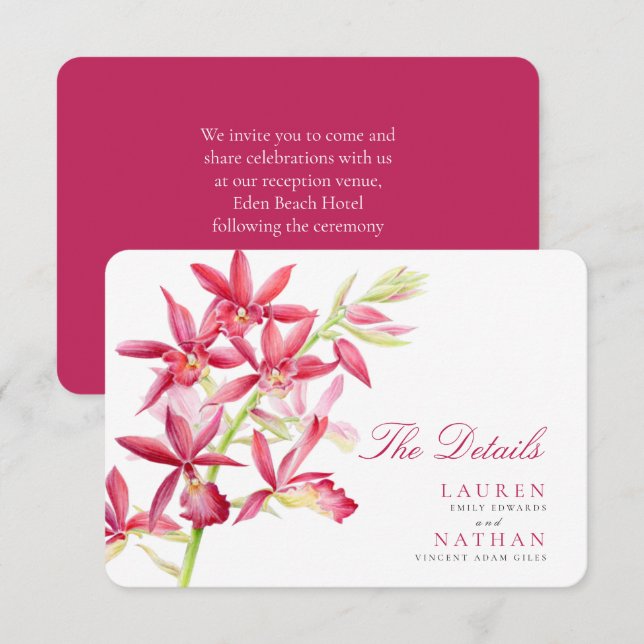 Red orchid wedding handy details enclosure card (Front/Back)