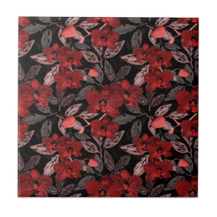 Red orchids on black.  ceramic tile