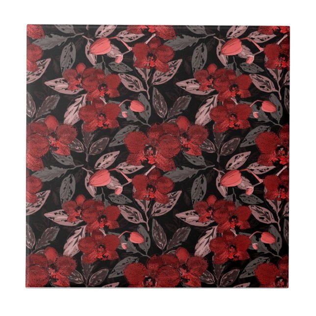 Red orchids on black.  ceramic tile (Front)