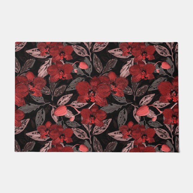 Red orchids on black.  doormat (Front)