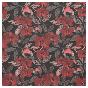 Red orchids on black. fabric