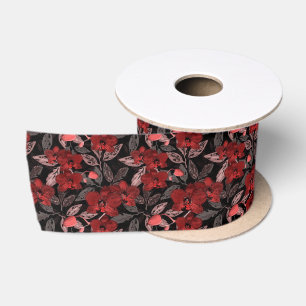 Red orchids on black. satin ribbon