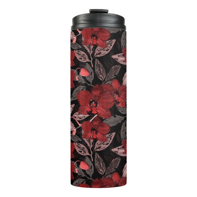 Red orchids on black.  thermal tumbler (Front)