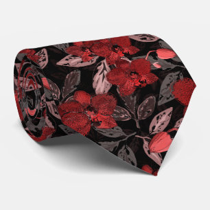 Red orchids on black.  tie
