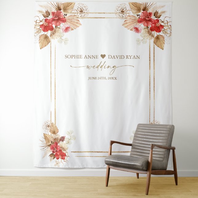 Red Orchids Pampas Grass Gold Photo Booth Wedding  Tapestry (In Situ)