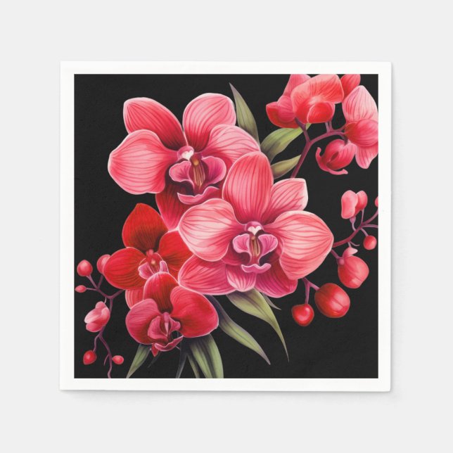 Red Orchids Red and Black Wedding Napkin (Front)