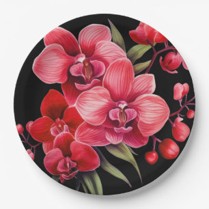Red Orchids Red and Black Wedding Paper Plate