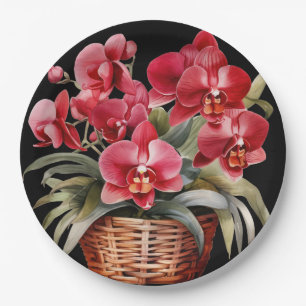 Red Orchids Red and Black Wedding Paper Plate