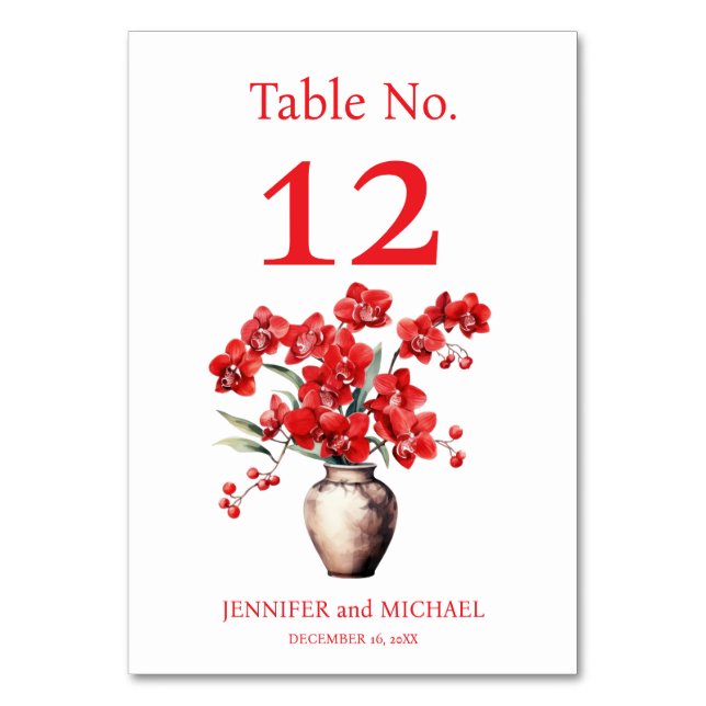 Red Orchids Watercolor Wedding Table Number (Front)