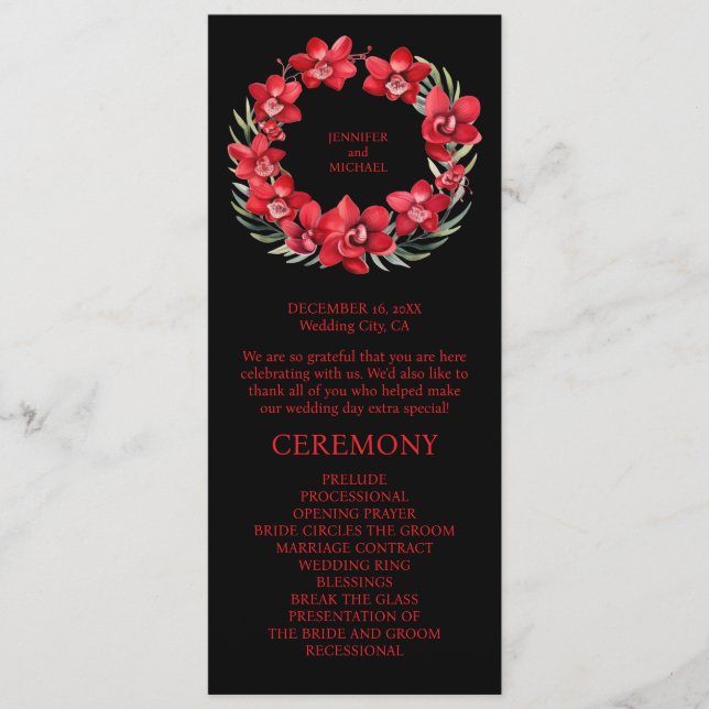Red Orchids Wedding Ceremony Program (Front)