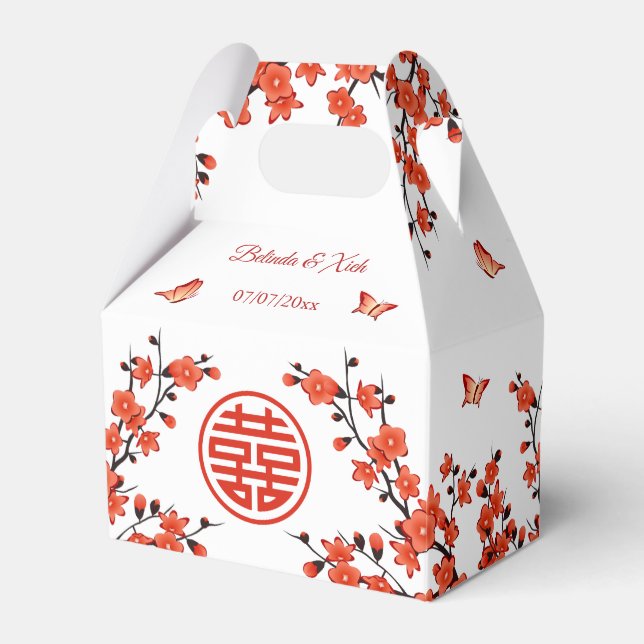 Red Oriental Blossoms  | Custom Chinese Wedding  Favour Box (Front Side)