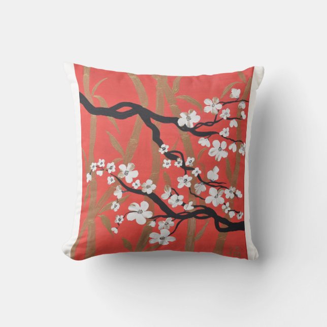 Red Oriental Cherry Blossoms /Golden Bamboo Pillow (Front)