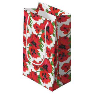 Red Oriental Poppies Floral on White to Customise Small Gift Bag