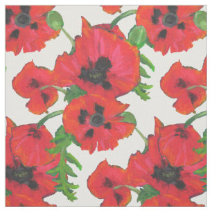 Red Oriental Poppies on White to Customise Fabric