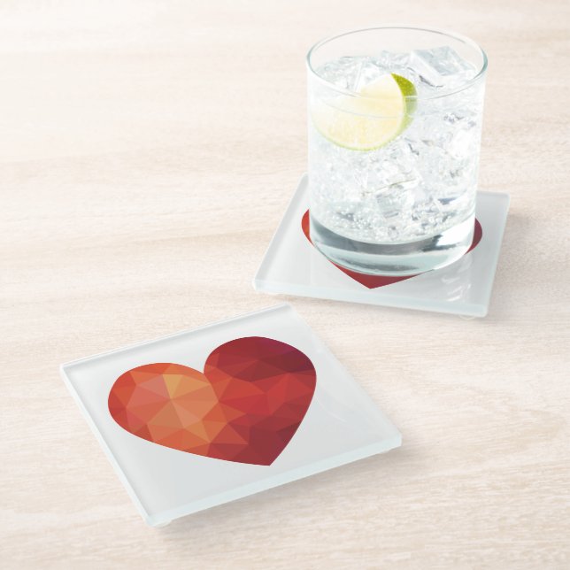 Red origami broken heart glass coaster (Angled)