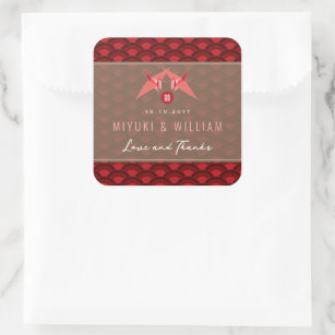 Red Origami Paper Cranes And Scallop Asian Wedding Square Sticker