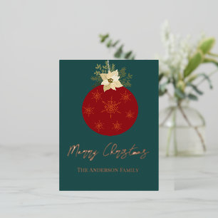 Red Ornament Merry Christmas Rose Gold Foil Holiday Postcard