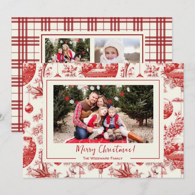 Red Ornament Toile Christmas Holiday Photo Card (Front/Back)