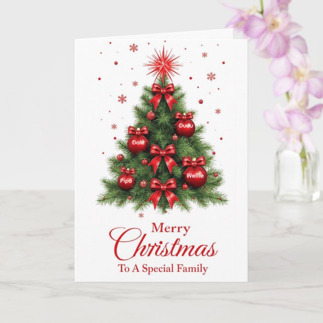 Red Ornament Tree Christmas Card – Family (Orchid)