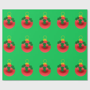 Red Ornament With Holly Green Wrapping Paper