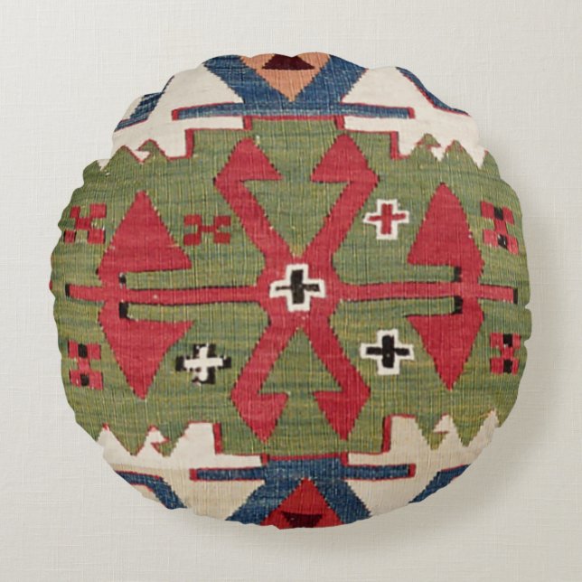 Red Ornamental Motif Colourful Blue Flower Round Cushion (Front)