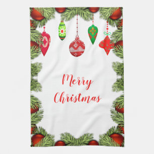 Red Ornaments Christmas Kitchen Retro Holiday Tea Towel