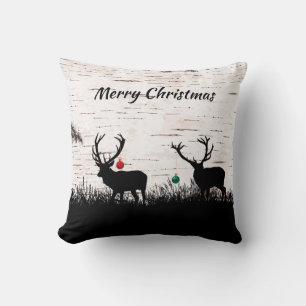 Red Ornaments Christmas Reindeers on Birch Cushion