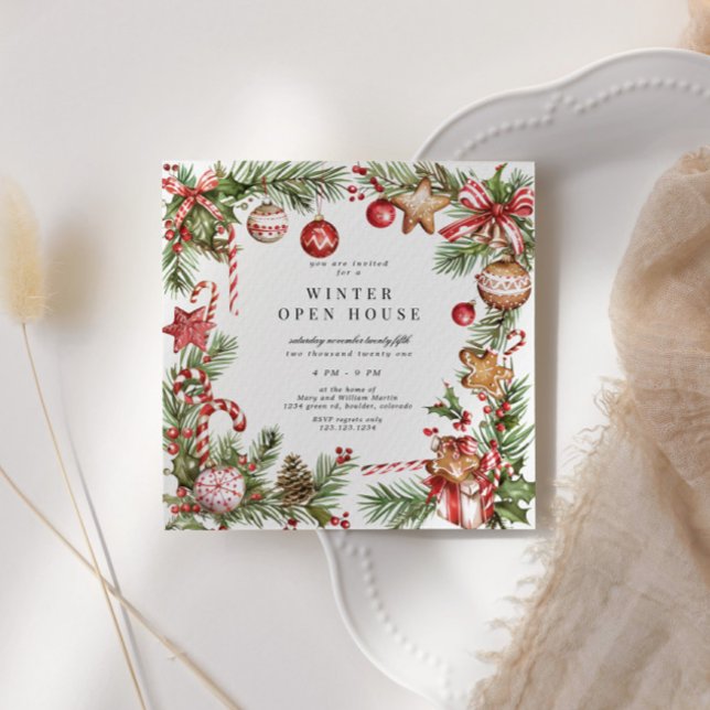Red Ornaments Greenery Border Square Open House Invitation (Creator Uploaded)