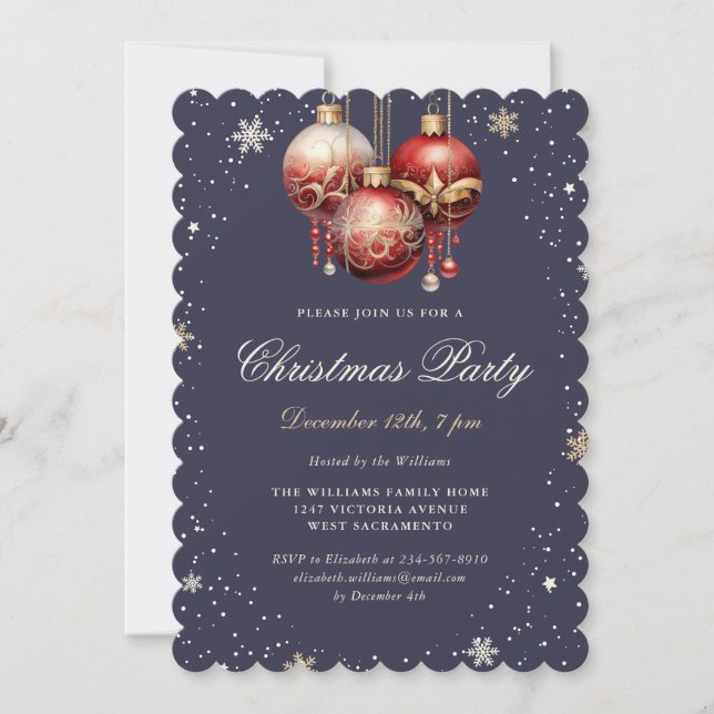 Red Ornaments Snowflakes Christmas Party Invitation (Front)