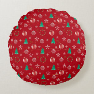 Red Ornaments & Watercolor Pines Christmas Round Cushion
