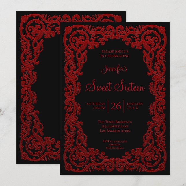 Red Ornate Lace Frame Sweet 16 Invitation (Front/Back)