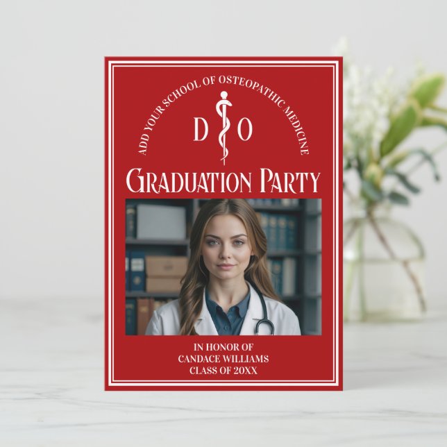 Red Osteopathic Medical School Graduation Party Invitation (Standing Front)